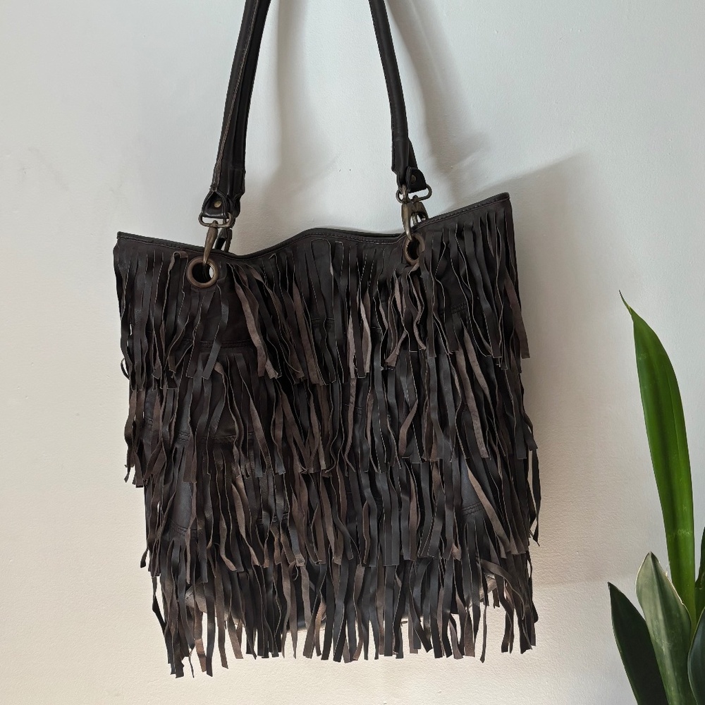 Anthropologie Raj shoulder bag genuine leather fringe dark brown